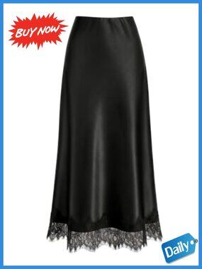 Satin Maxi Skirt Lace Trim A-Line High Waist Formal Work Skirt